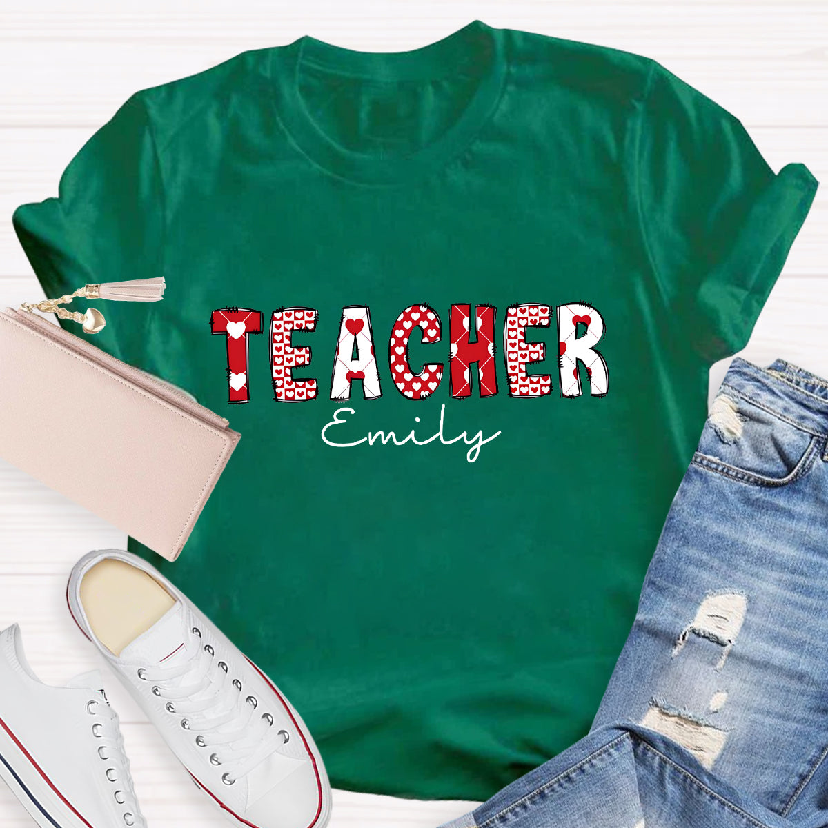 Personalized Name Pink Heart Printed Teacher T-Shirt