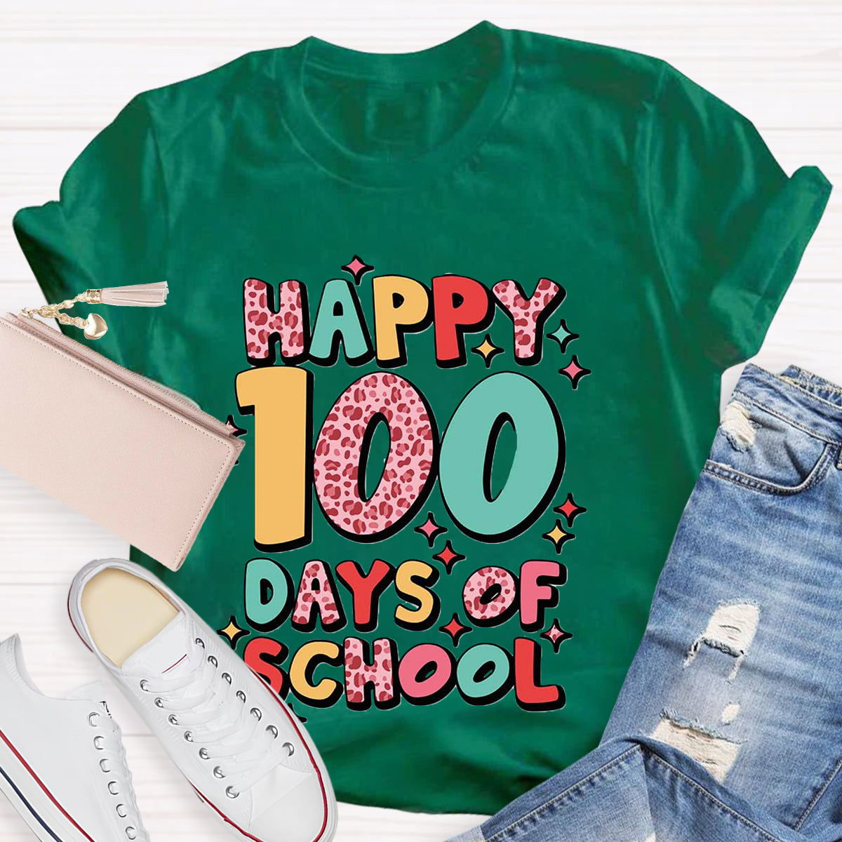 Pink Leopard Happy 100 Days Of School Teacher T-Shirt