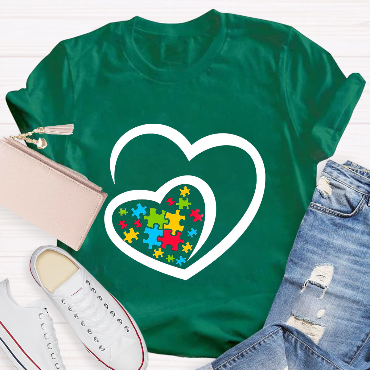 Love Ribbon Heart Puzzle Autism Awareness T-Shirt