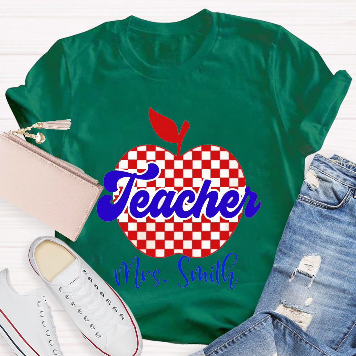Personalized Name Red Apple Teacher T-Shirt
