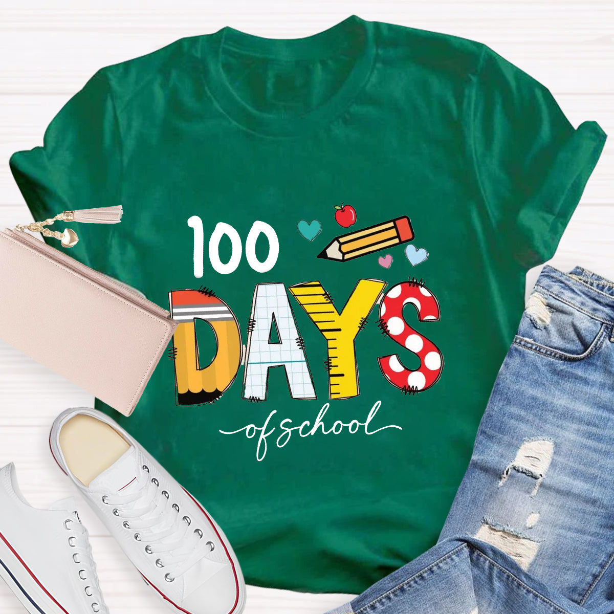 100 Days Of School Pencil Apple Teacher T-Shirt