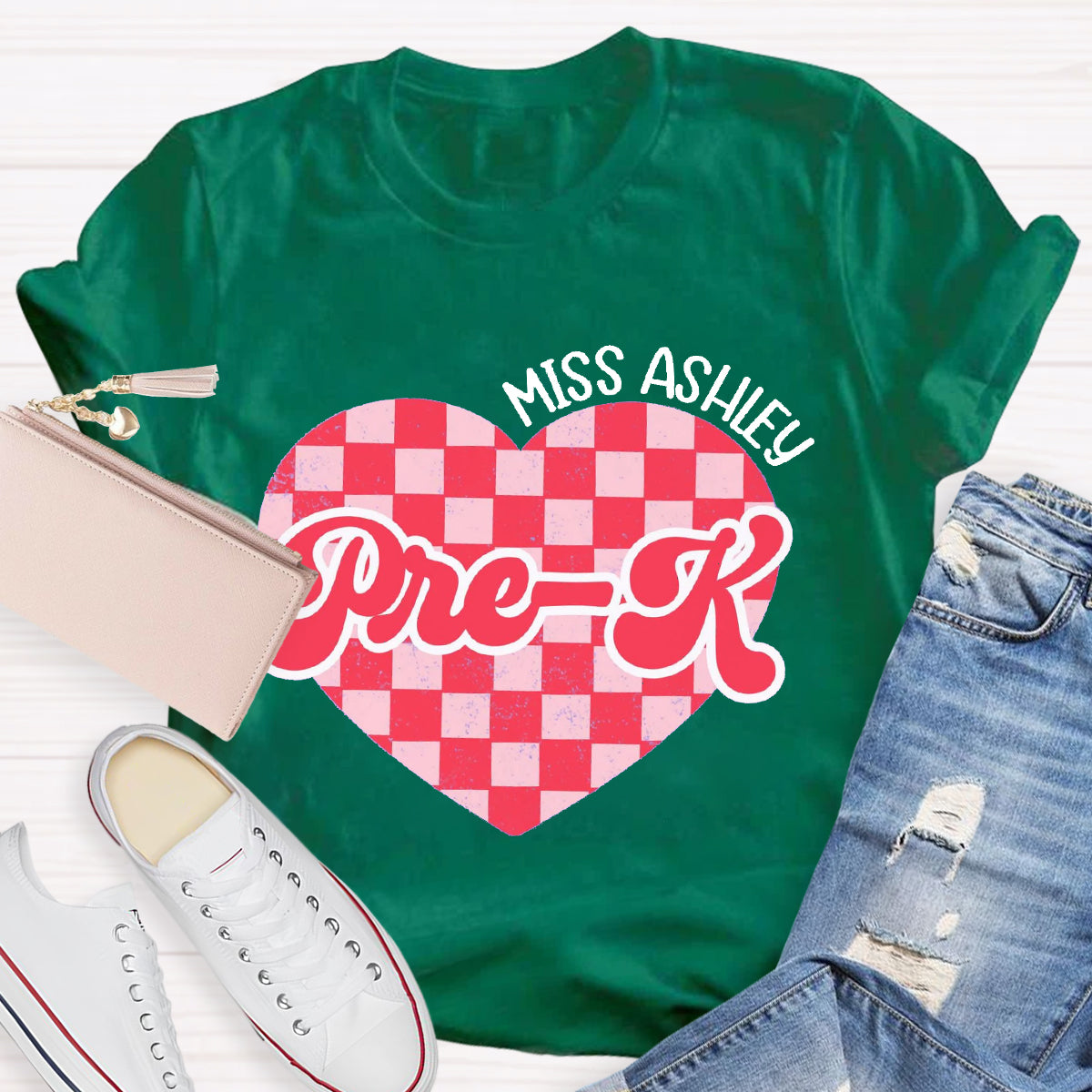 Personalized Name And Grade Pink Heart Teacher T-Shirt