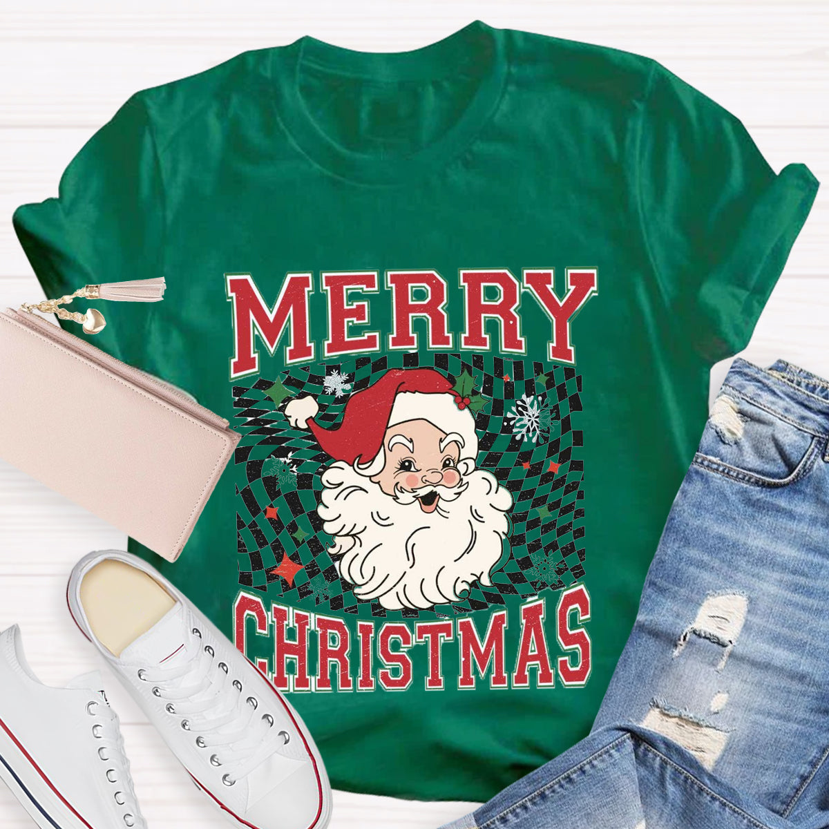 Merry Christmas Plaid Print Santa T-Shirt