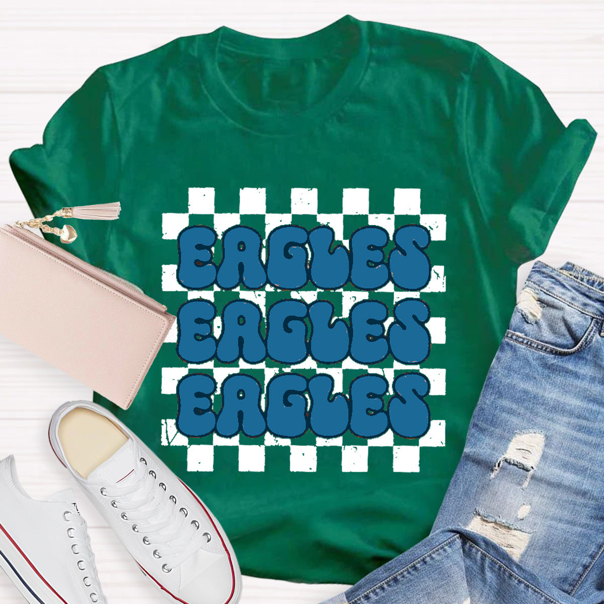 Personalized Mascot Eagles Chessboard pattern Teacher T-Shirt