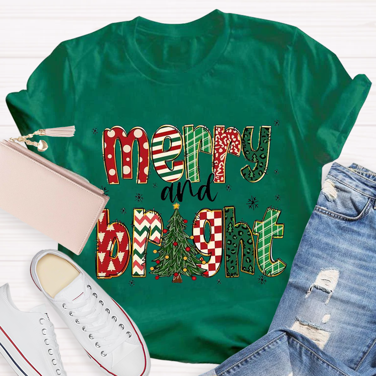 Merry and Bright Retro Christmas Tree Teacher T-Shirt