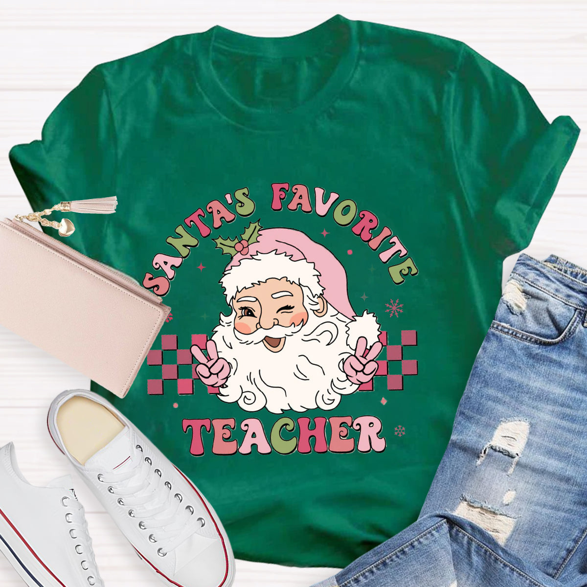 Santa's Favorite Teacher Pink Santa Claus T-Shirt