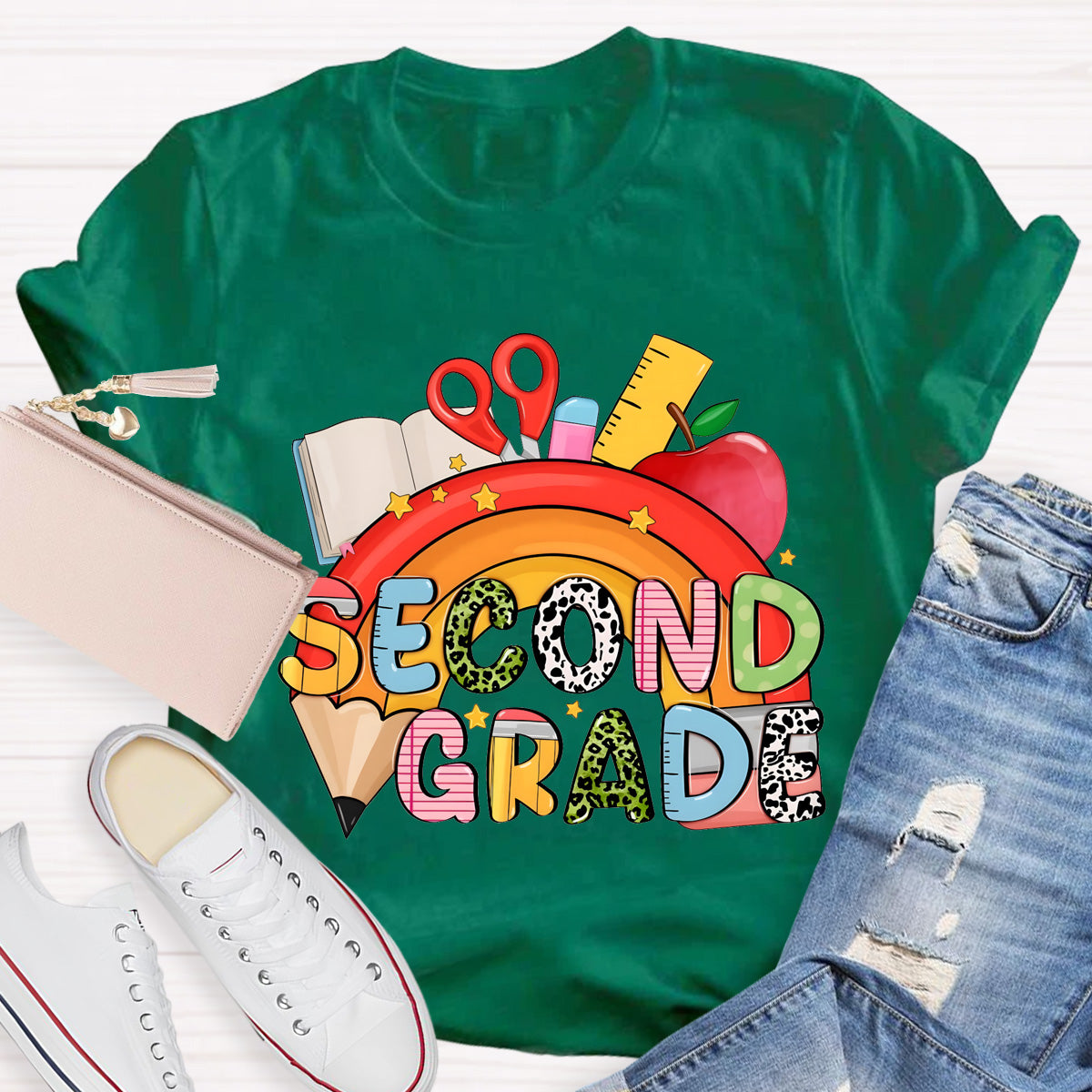 Personalized Grade Pencil Rainbow Second Grade Teacher T-Shirt