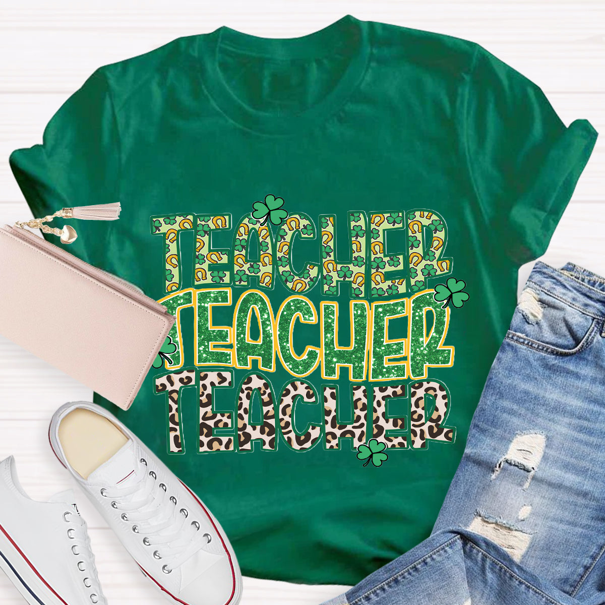 Green Clover Leopard Print Design Teacher T-Shirt