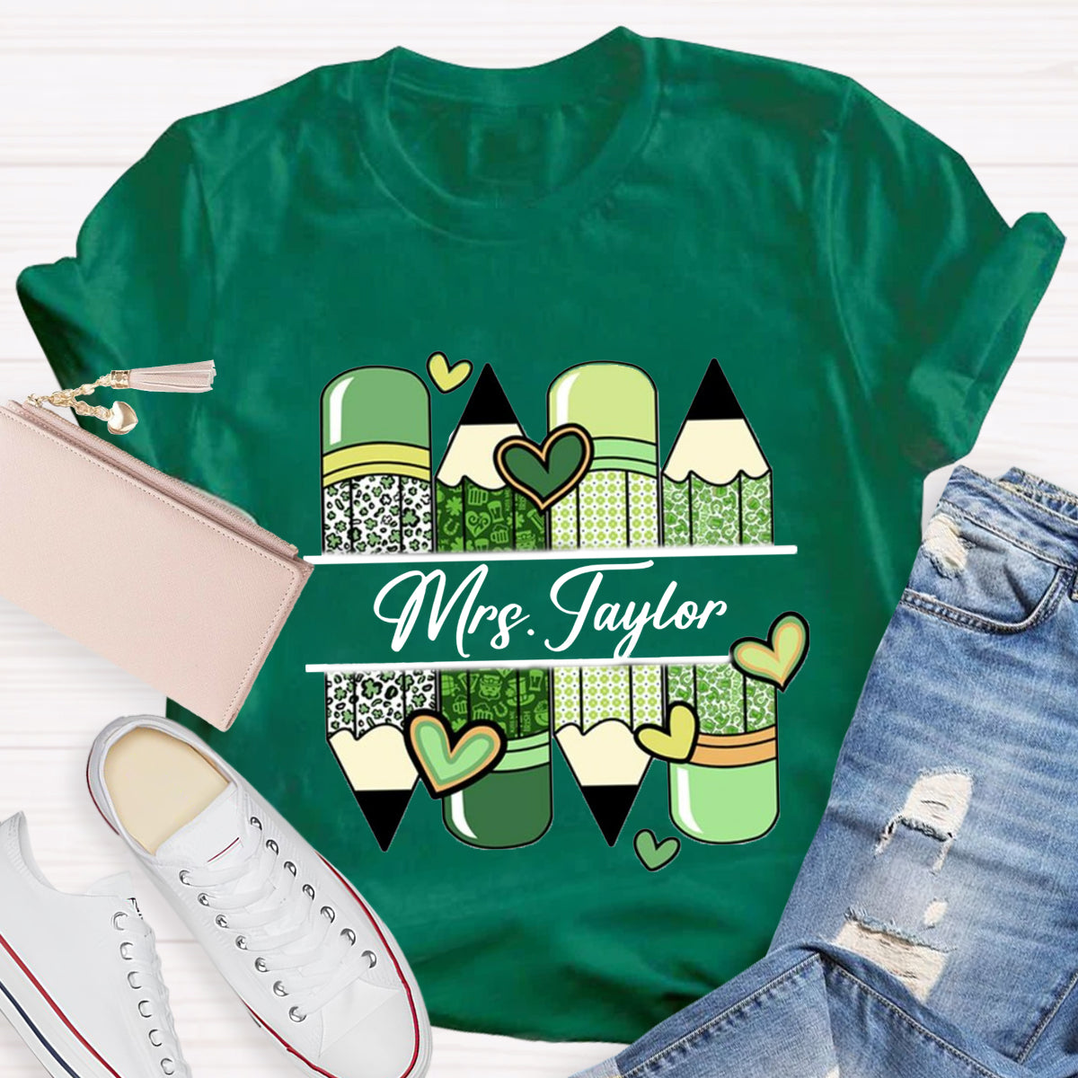 Personalized Name Green Heart Pencil Teacher T-Shirt