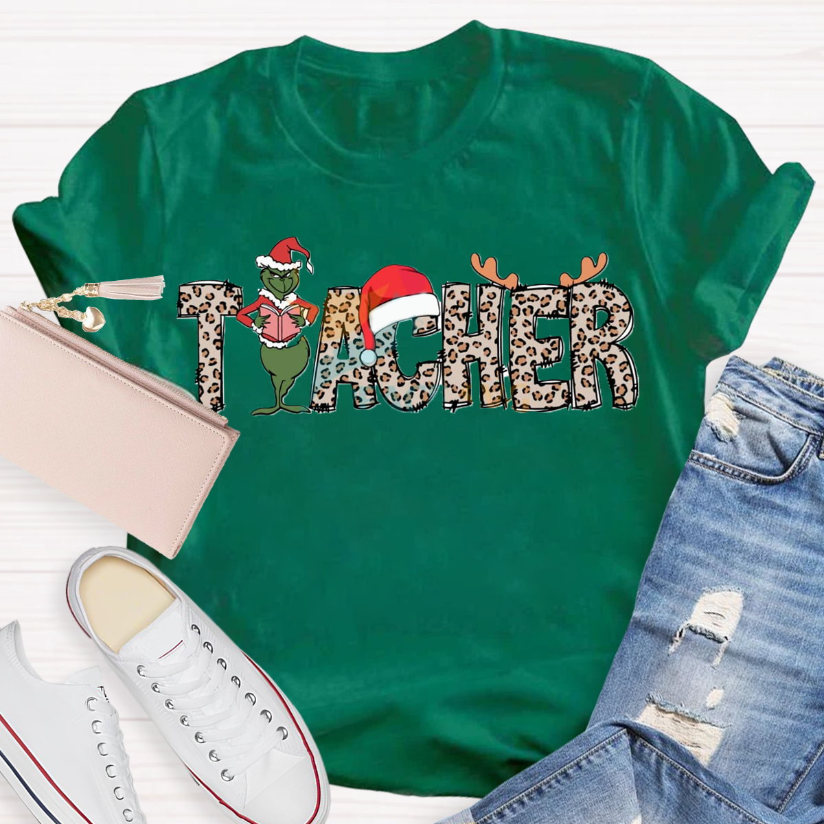 Christmas Leopard Teacher Grinch T-Shirt