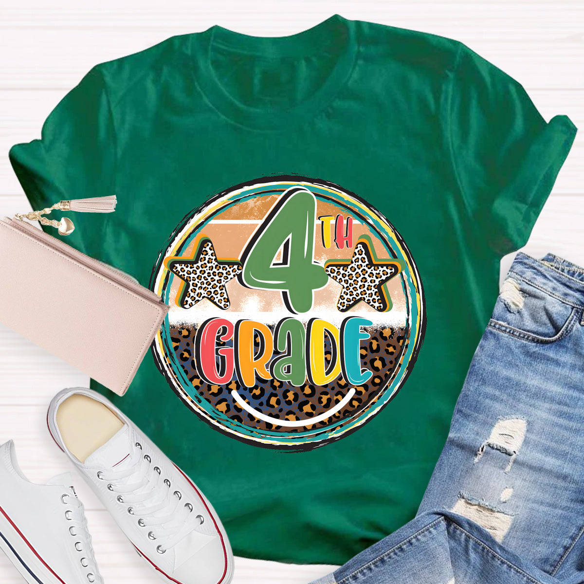 Personalized Grade Leopard Star 4th Grade Teacher T-Shirt