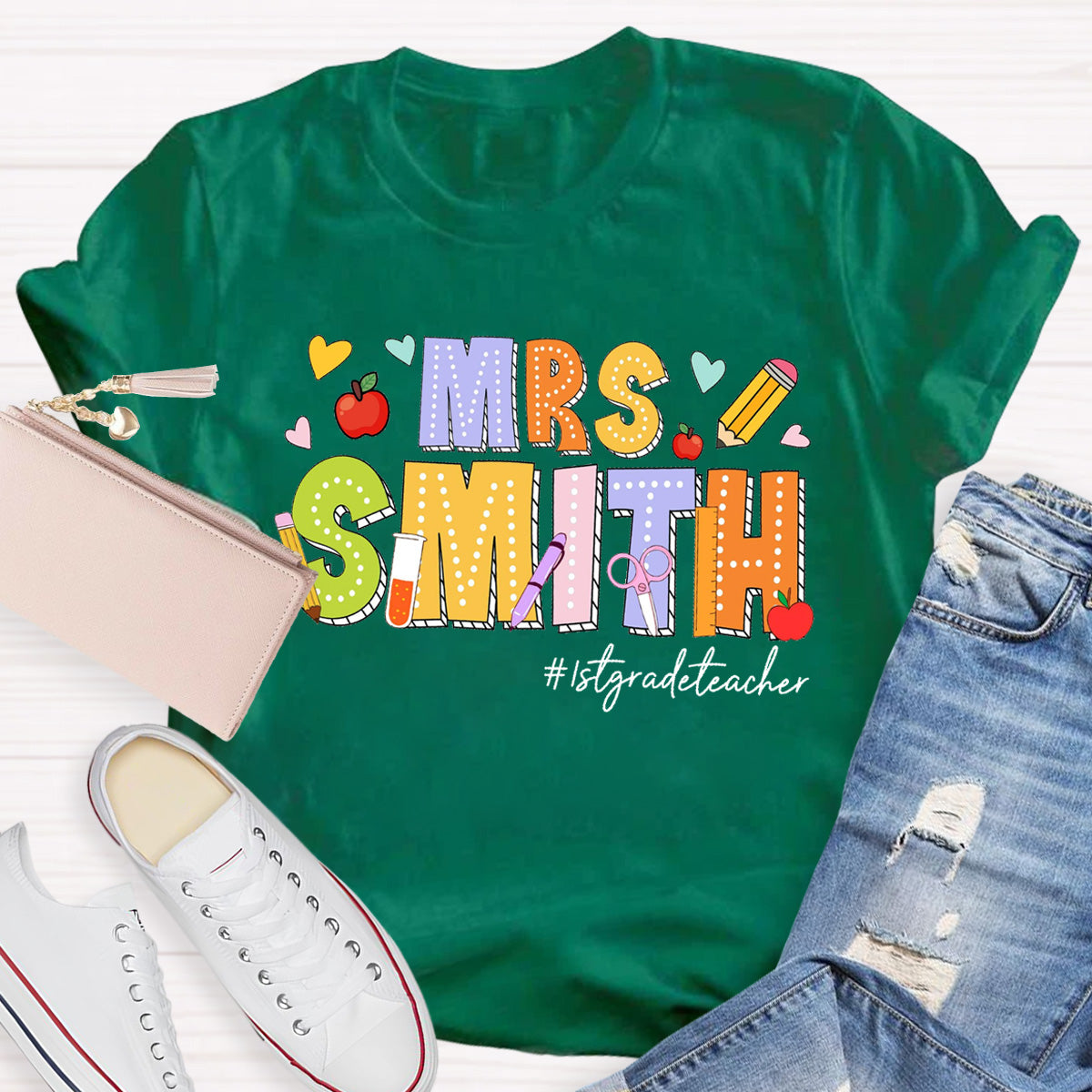 Personalized Name And Grade Heart  Teacher T-Shirt