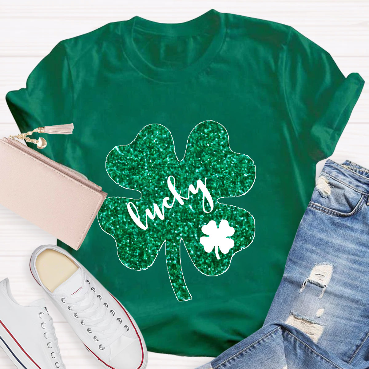 Green Glitter Shamrock Lucky Teacher T-Shirt