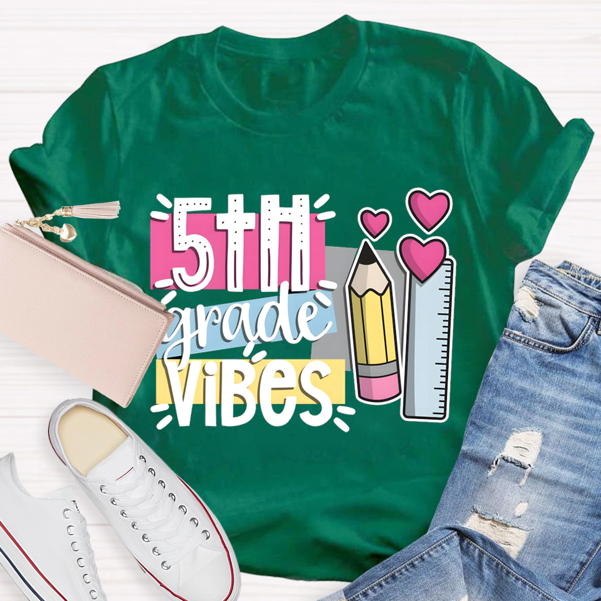 Personalized Grade 5th Grade Vibes Teacher T-Shirt