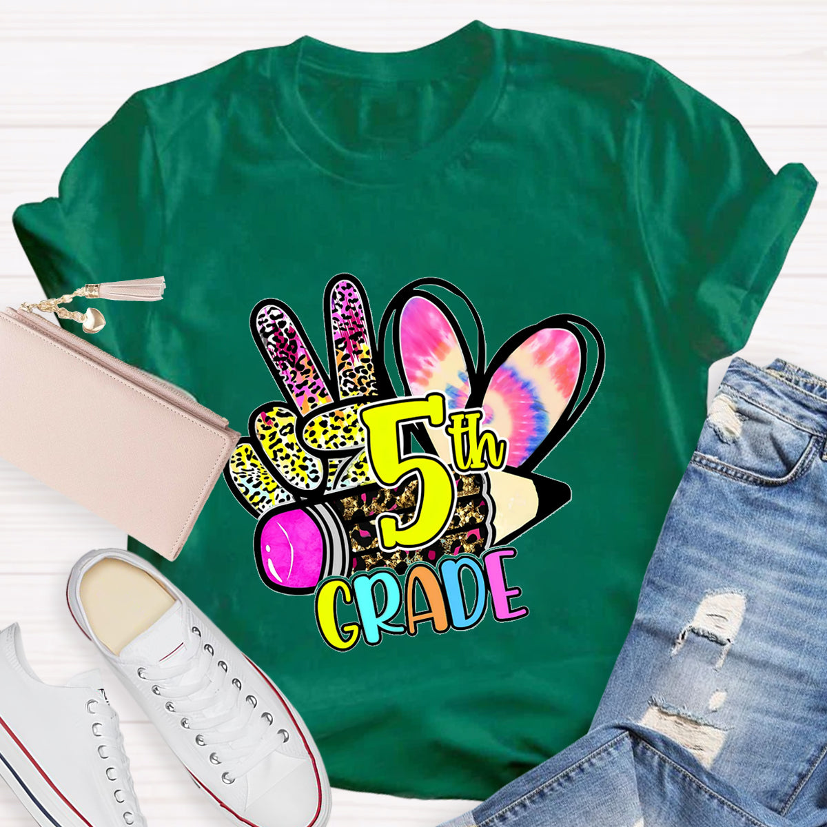 Personalized Grade Colorful  Leopard Heart  5th Grade Teacher T-Shirt