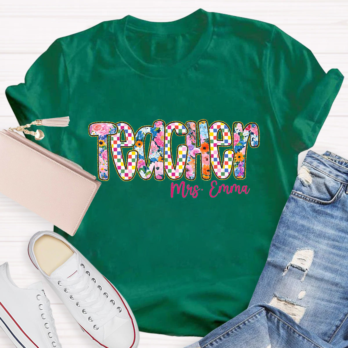 Personalized Name Pink Flowers  Teacher T-Shirt