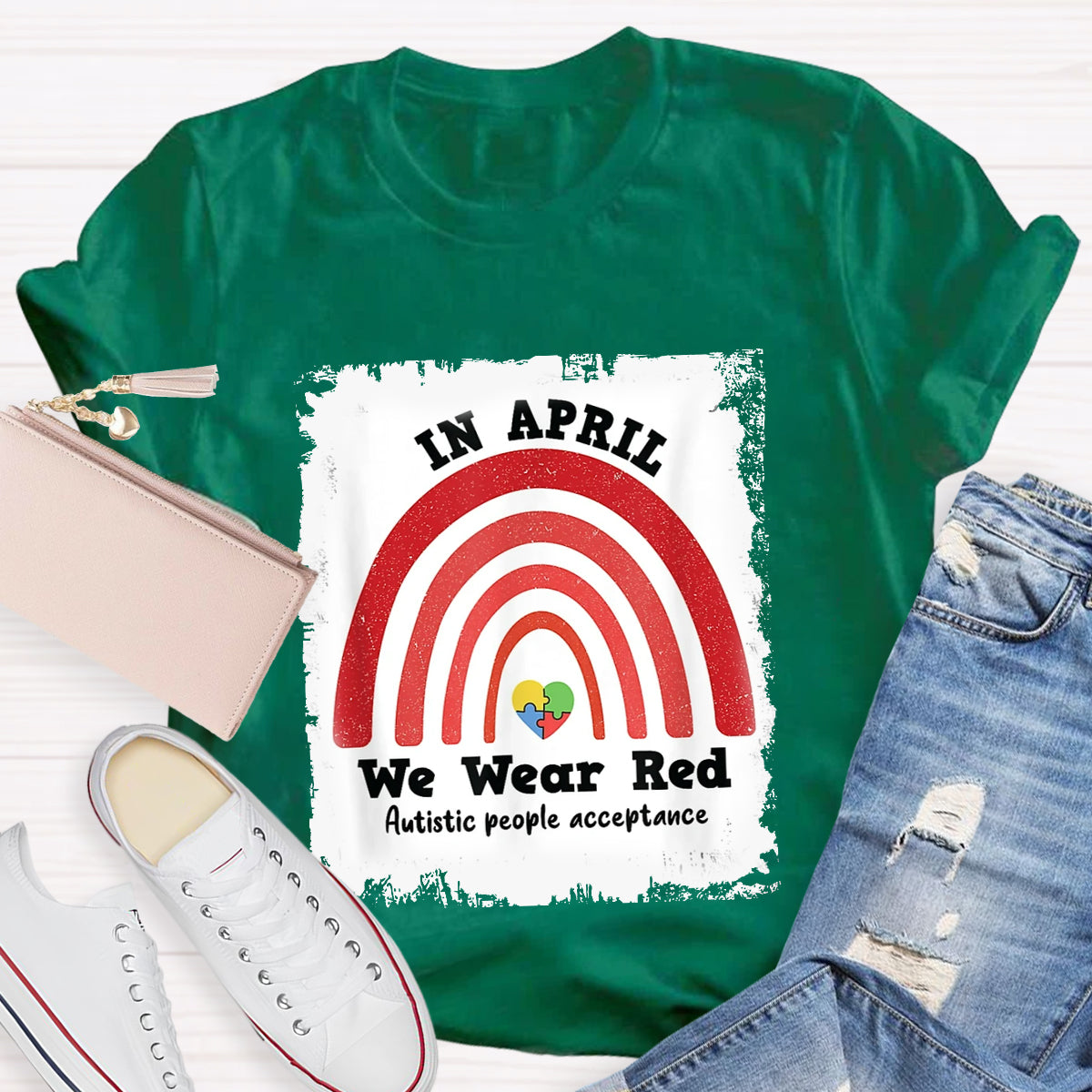 In April We Wear Red Autism People Acceptance T-Shirt