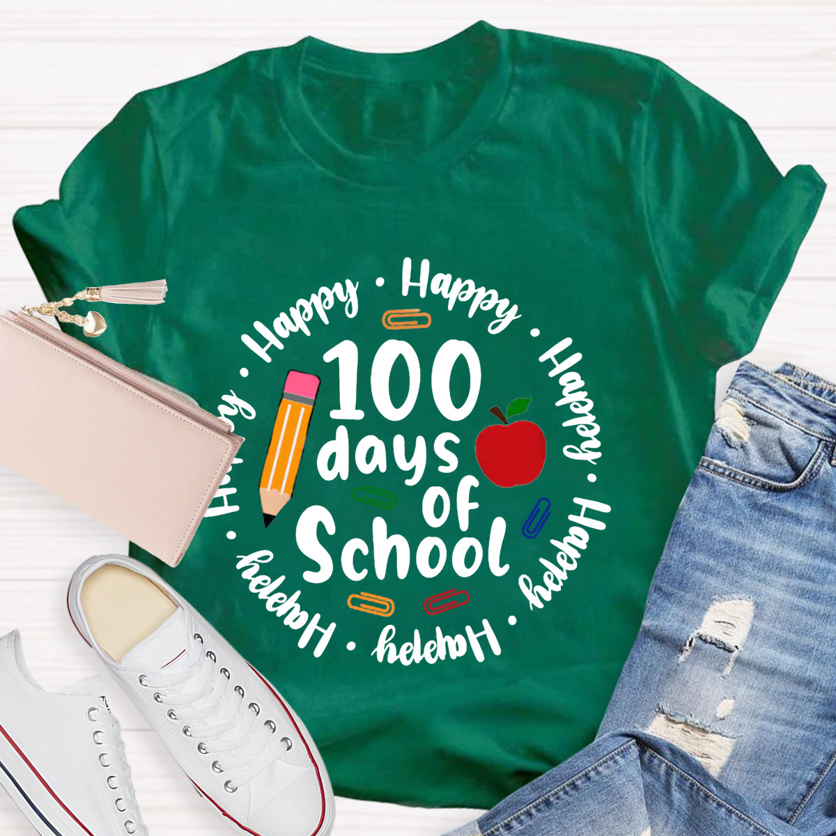 Happy 100 Days Of School Apple Pencil Teacher T-Shirt