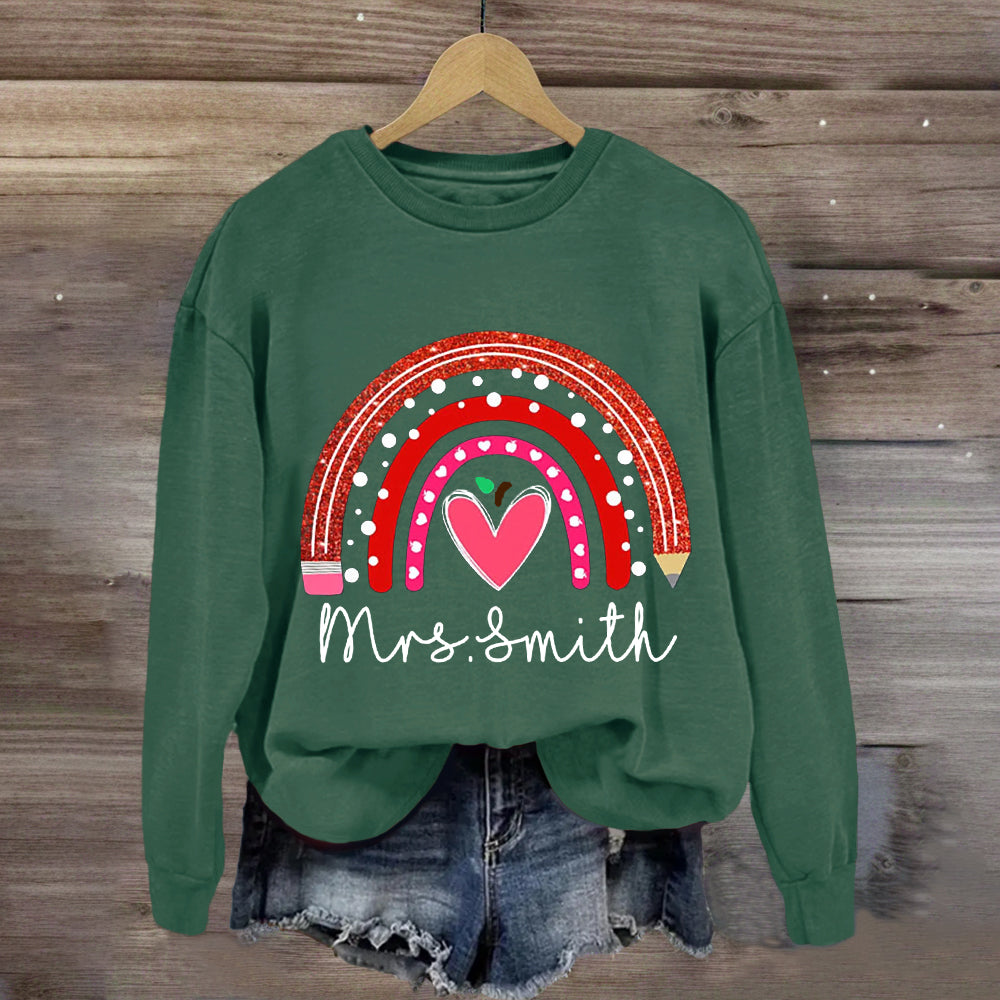 Personalized Name Rainbow Pencil Heart-Shaped Apple Teacher Sweatshirt