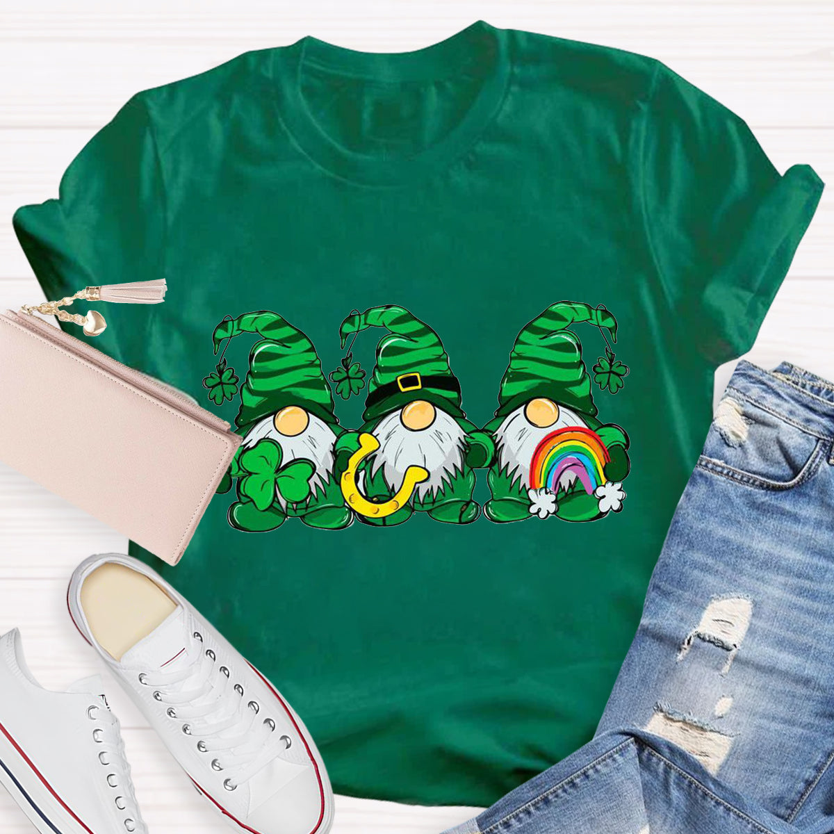 Three St Patricks' Day Gnome With Rainbow T-Shirt