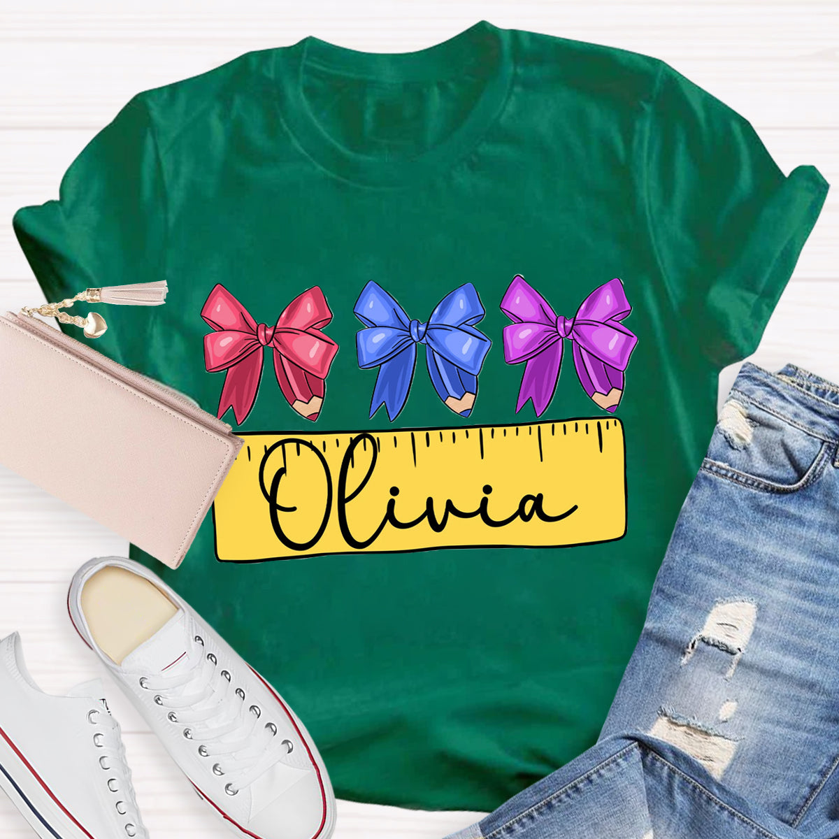 Personalized Name Bow Ruler Print Teacher T-Shirt