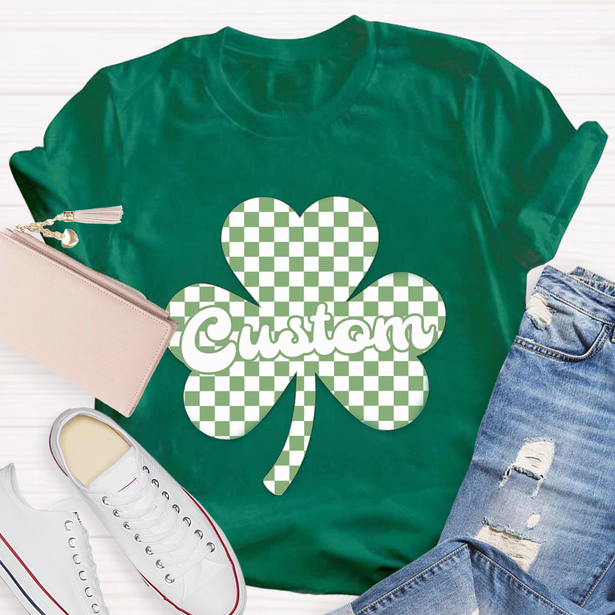 Personalized Name Checkered Clover Teacher T-Shirt