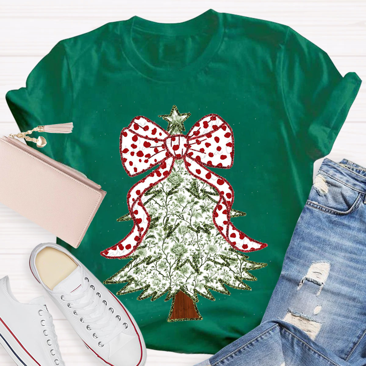 Red and Green Grandmillennial Coquette Gold Glitter Christmas Tree Teacher T-Shirt