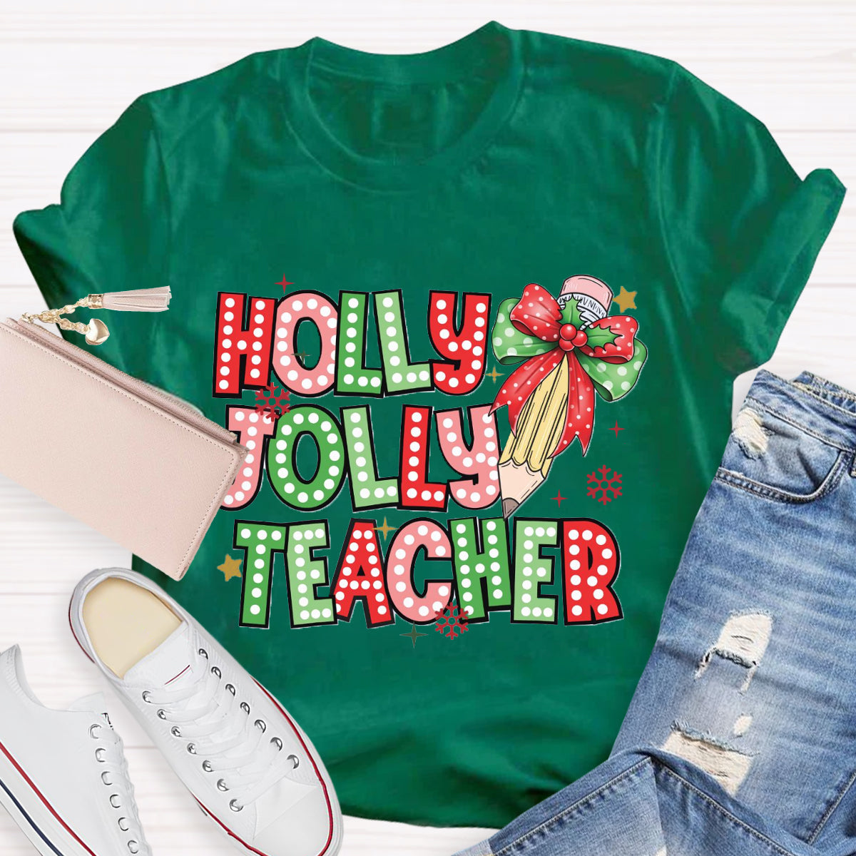 Holly Jolly Teacher Christmas Pencil T-Shirt