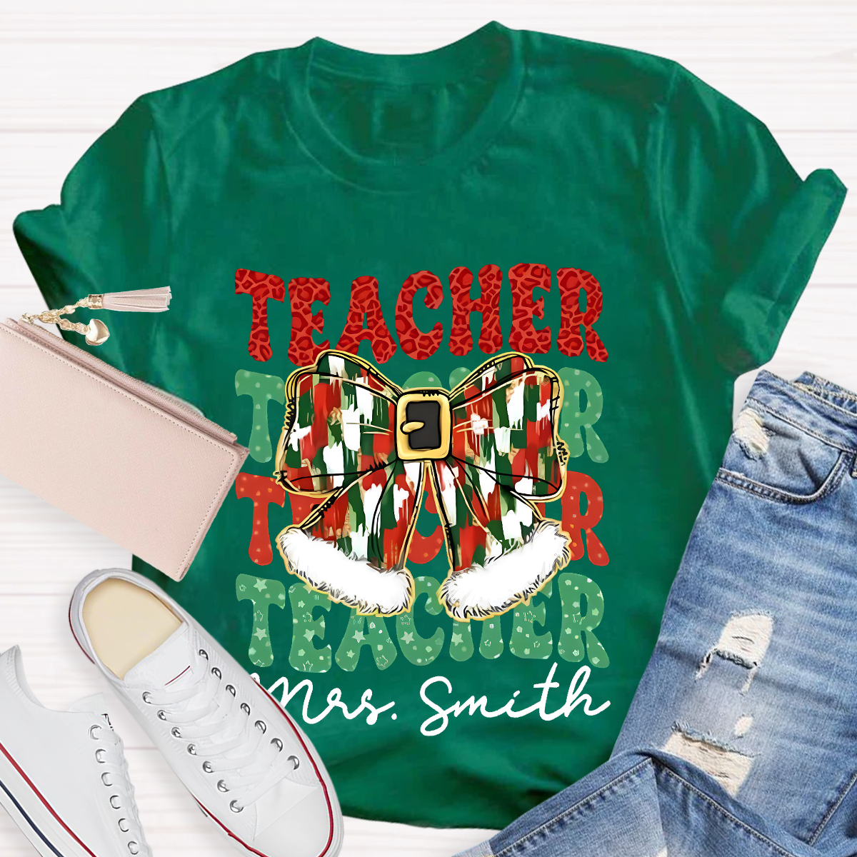 Personalized Name Bow Christmas Teacher T-Shirt