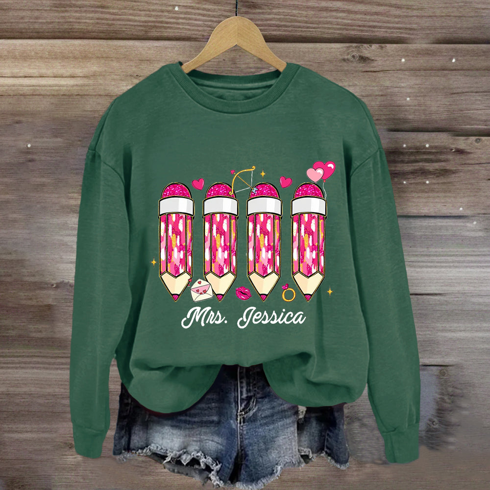 Personalized Name Pink Pencil Teacher Sweatshirt