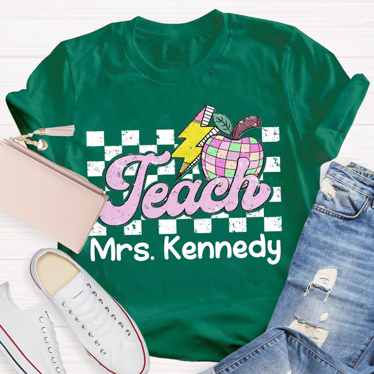 Personalized Teacher Name Retro Checkered Teacher T-Shirt