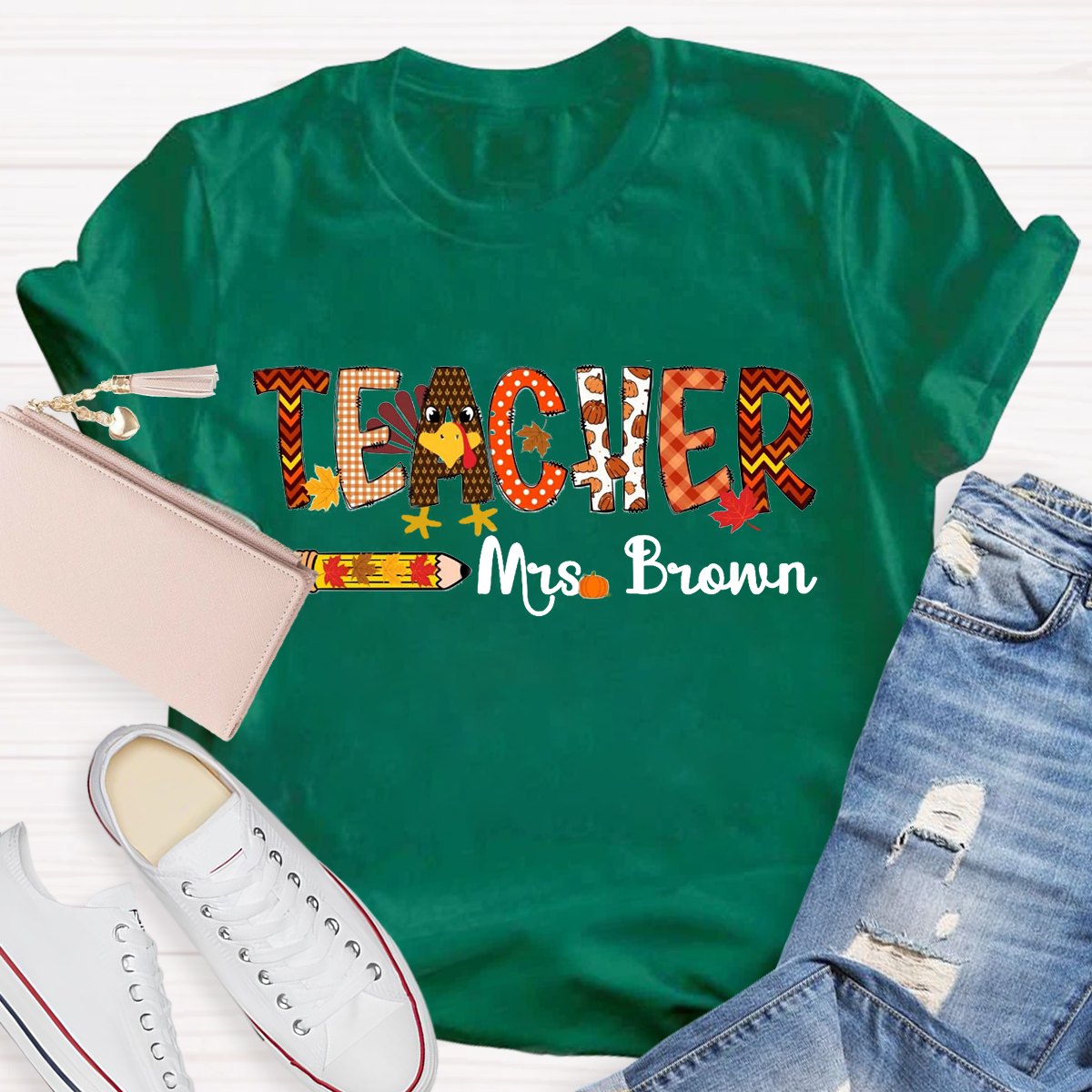 Personalized Name Thanksgiving Teacher T-Shirt