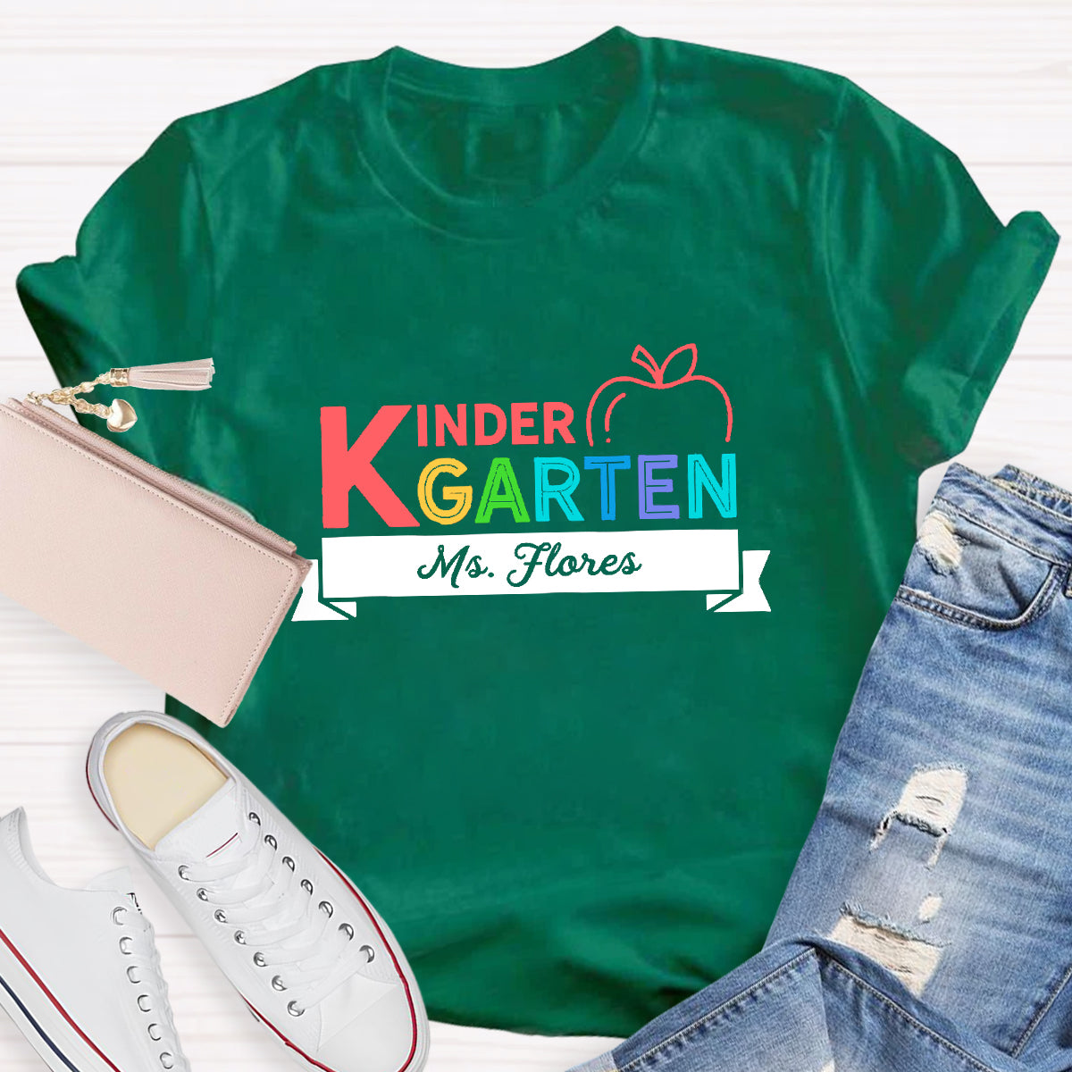 Personalized Kindergarten Teacher's Name  Apple Printed T-Shirt