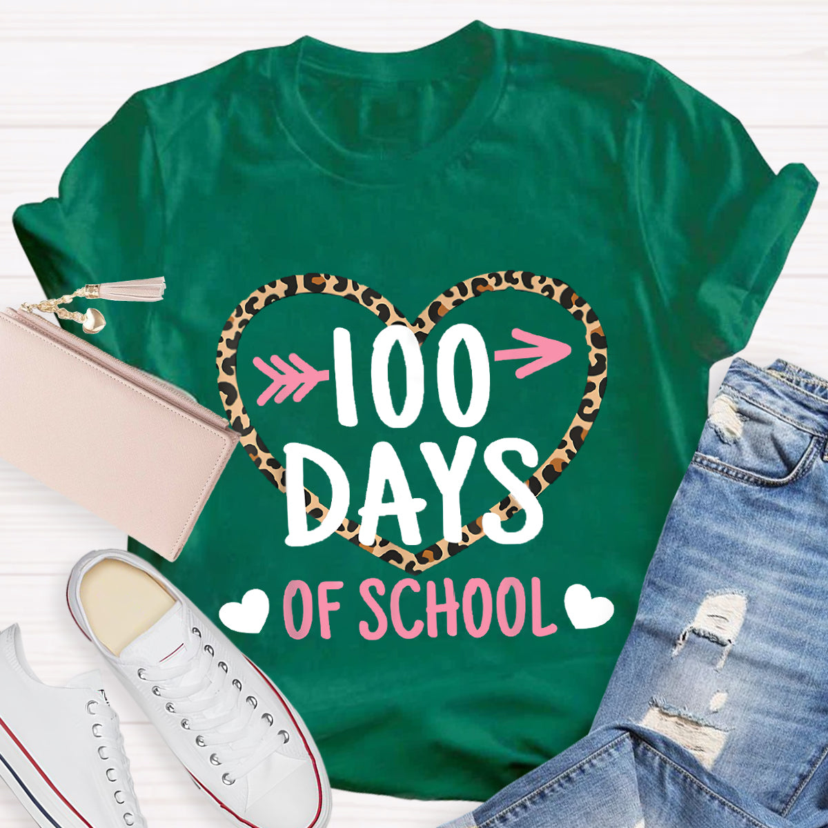 100 Days Of School Leopard Heart T-Shirt