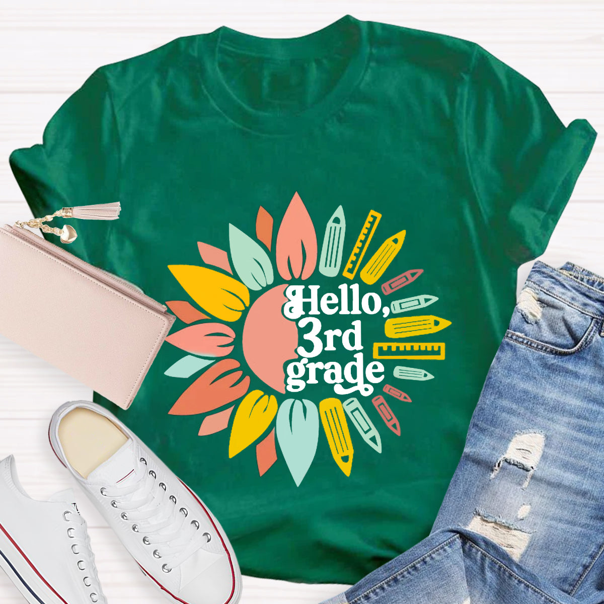 Personalized Grade Hello 3rd Grade Sunlower Teacher T-Shirt