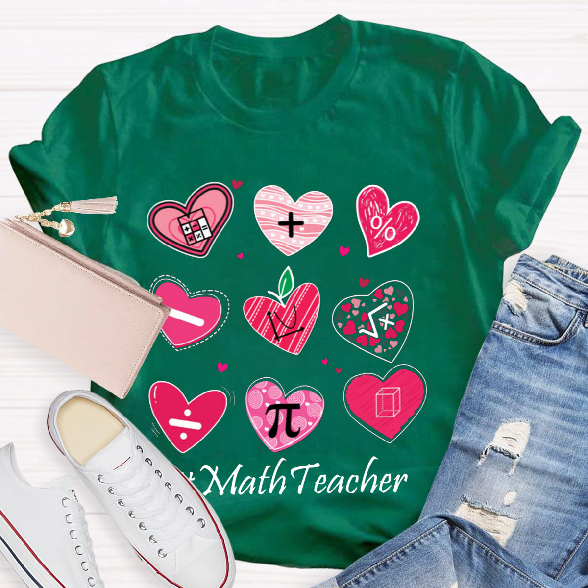 Pink Heart Math Symbols Teacher T-Shirt