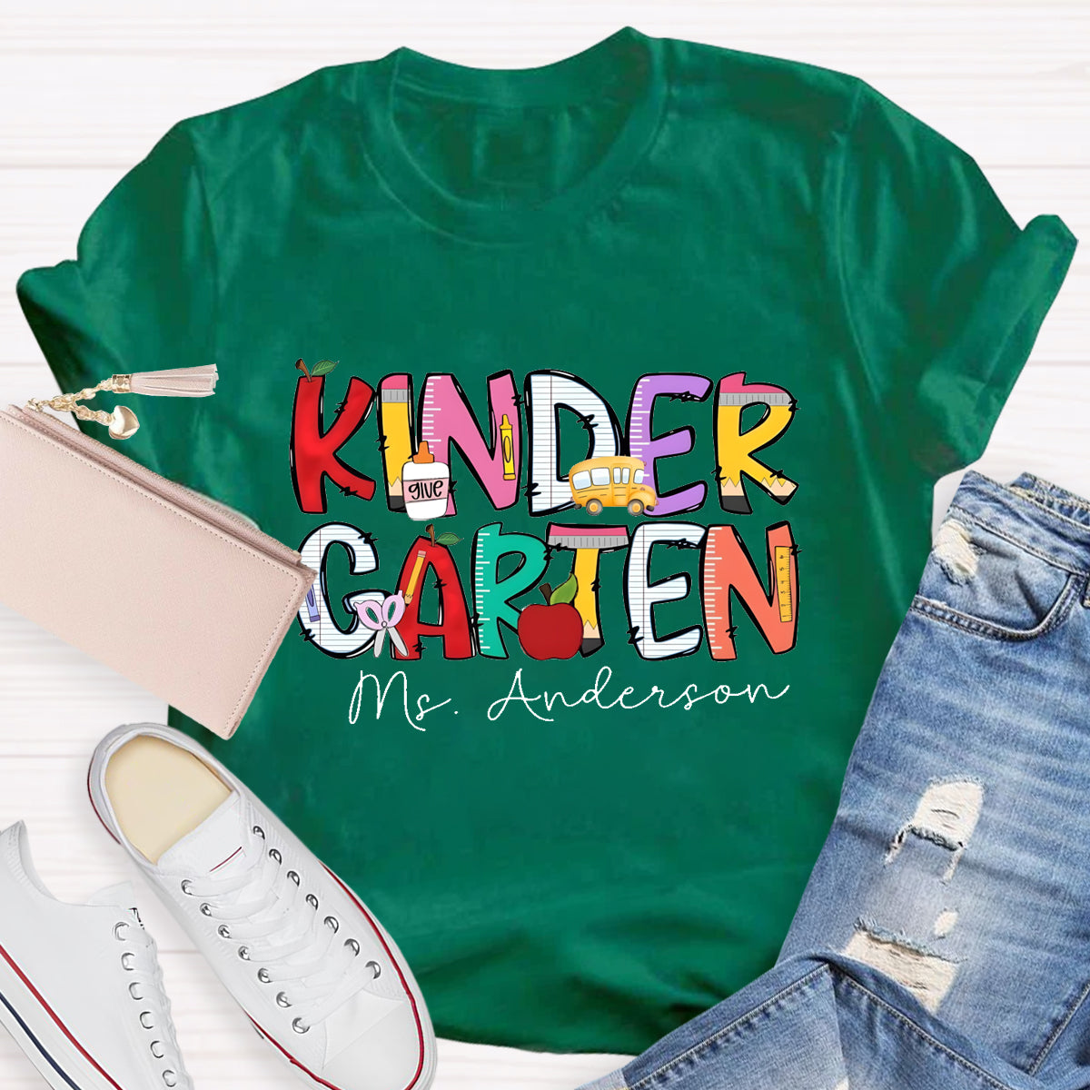 Personalized Kinder Garten Teacher's Name Apple Printed T-shirt