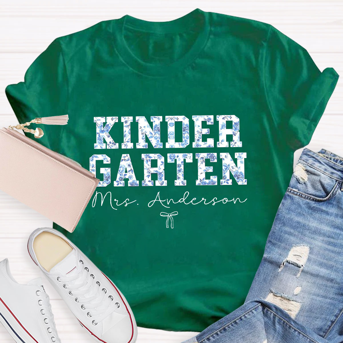 Personalized Kindergarten Teacher Name Blue Flower T-Shirt