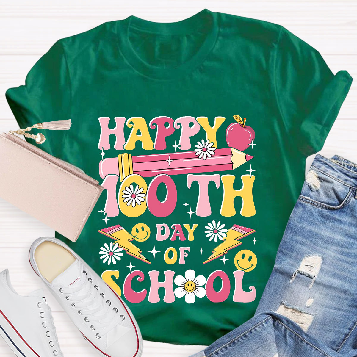 Happy 100 Days Of School Pink Pencil Teacher T-Shirt