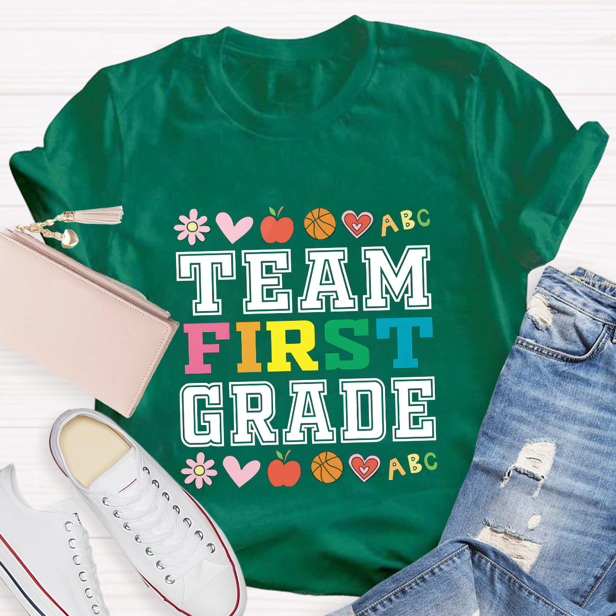 Personalized Grade Team Colorful First Grade Teacher T-Shirt