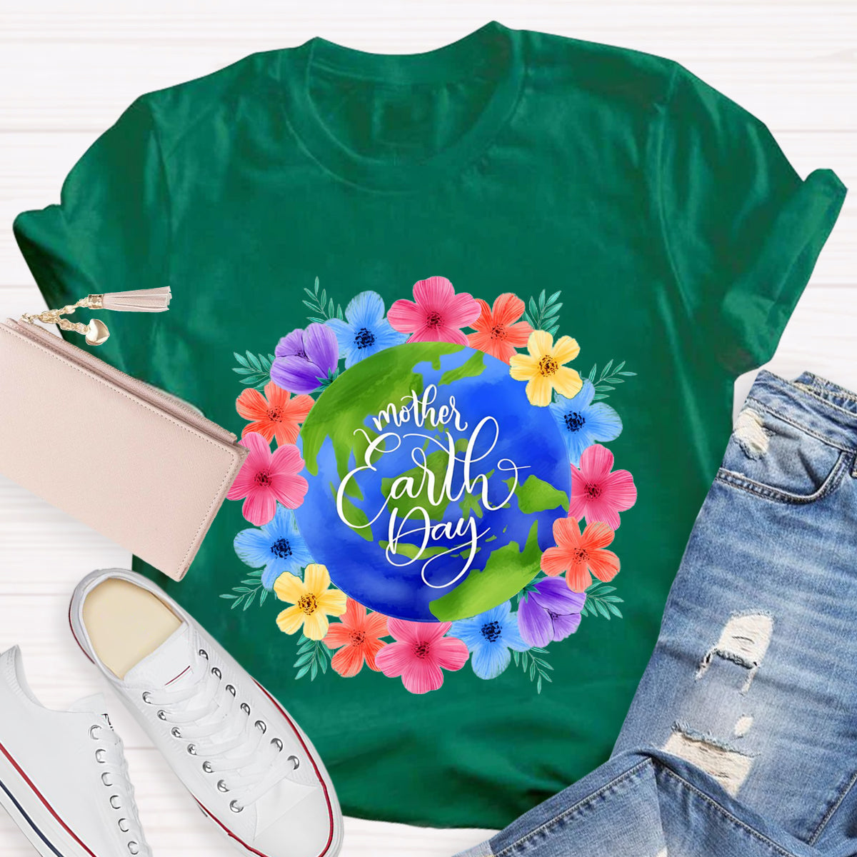 Blue Earth Day Floral Teacher T-Shirt