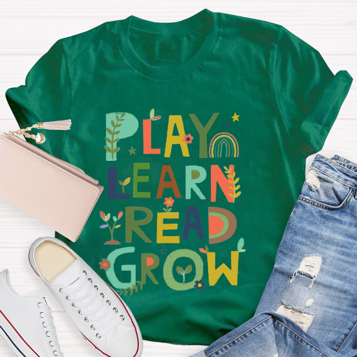 Play Learn Read Grow  Teacher T-Shirt