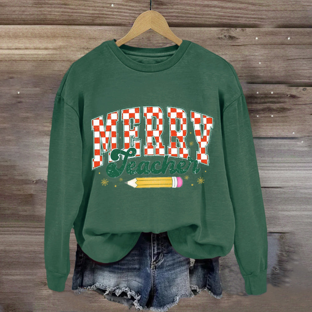 Merry Teacher Plaid Pencil Sweatshirt