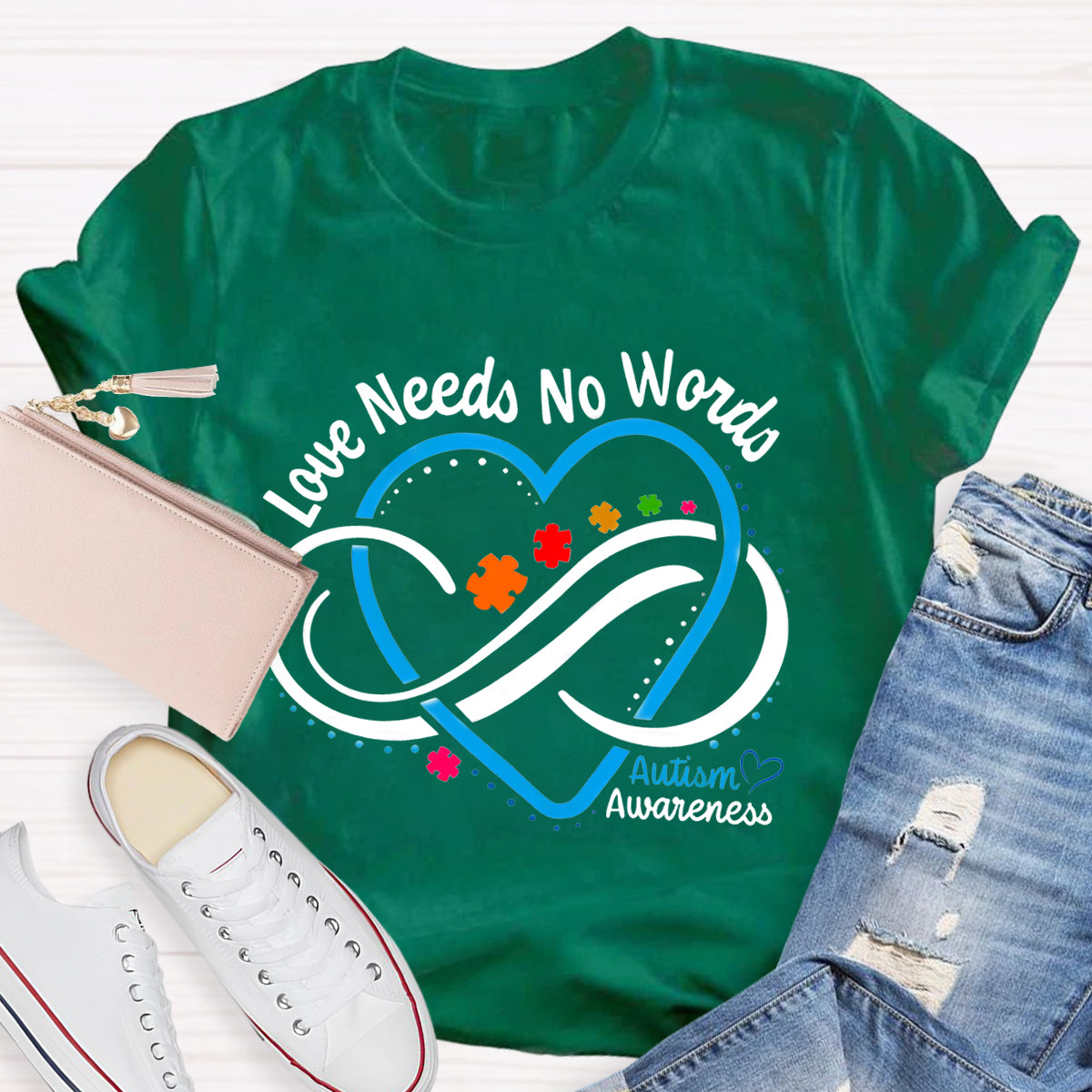 Love Needs No Words Autism Awareness Blue Heart Teacher T-Shirt