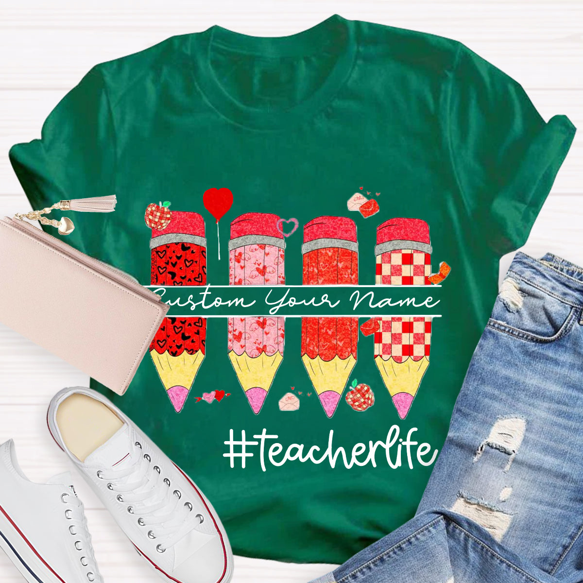 Personalized Name Red Pencil Teacher Life T-Shirt