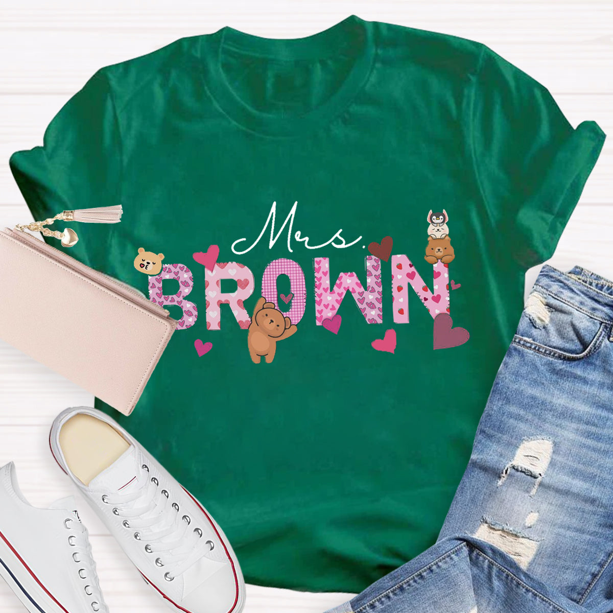 Personalized Name Pink Heart Teacher T-Shirt