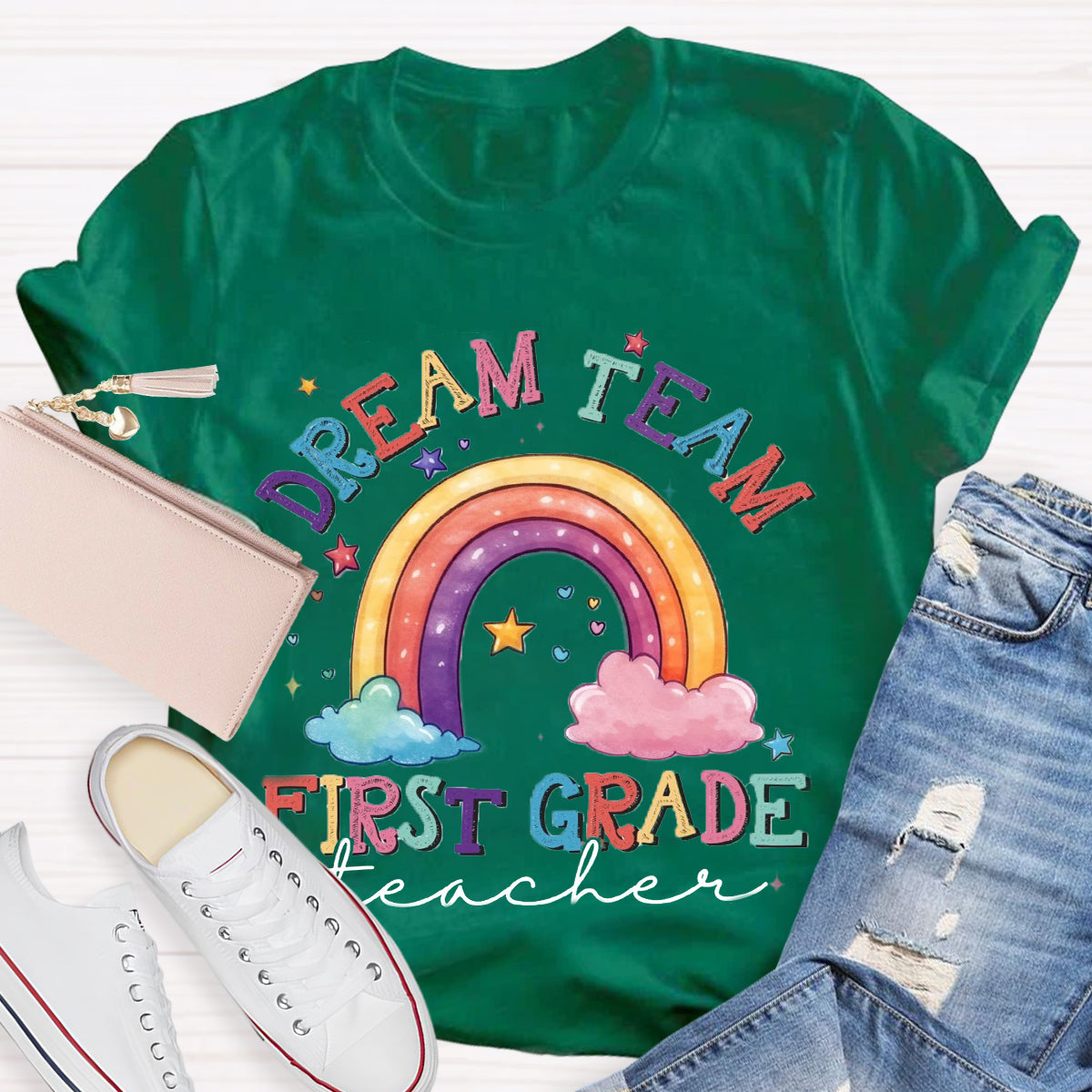 Personalized Grade Dream Team Teacher Rainbow T-Shirt