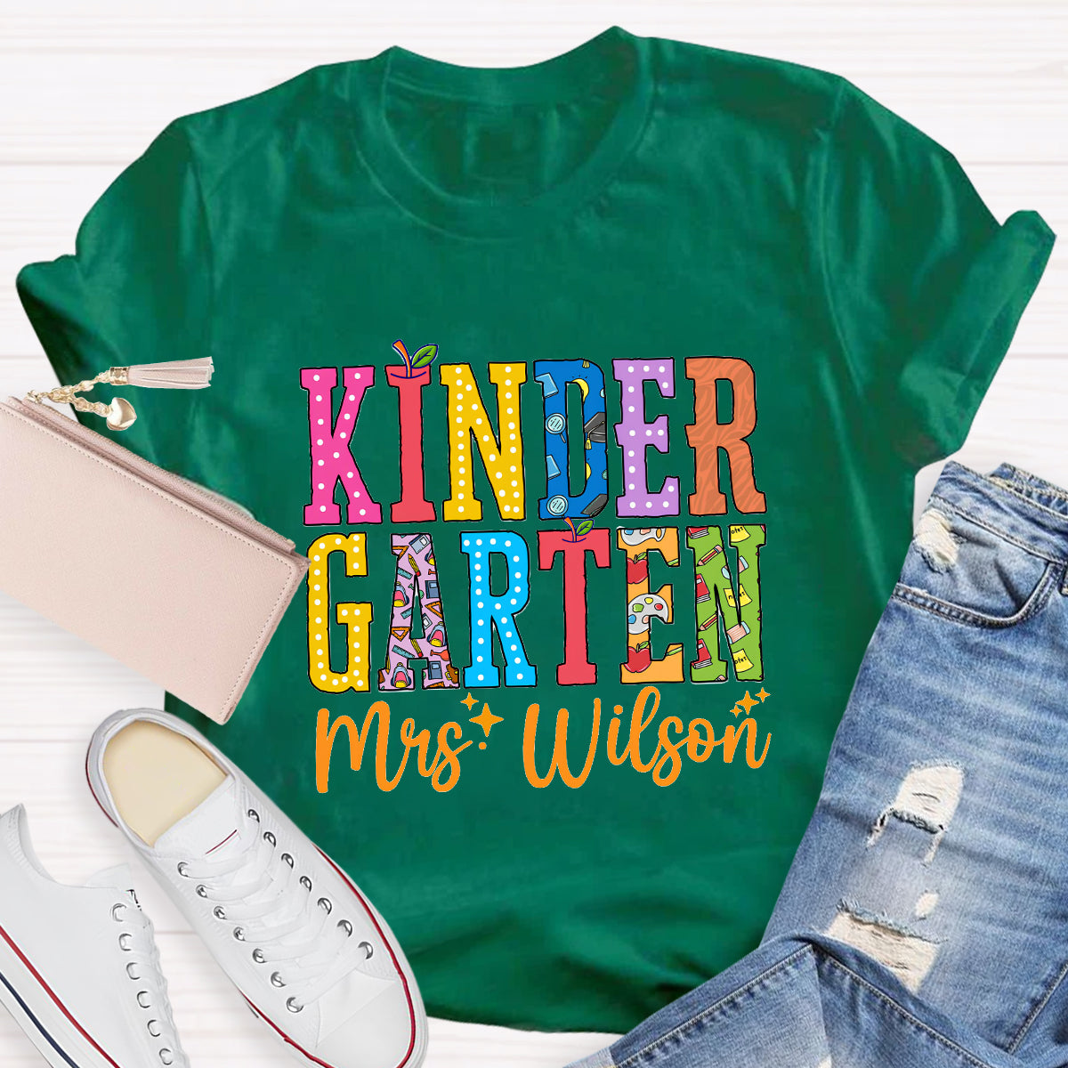 Personalized Teacher Name And Grade Apple Printed T-Shirt