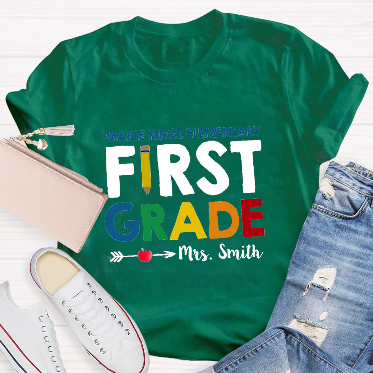 Personalized School Name Grade And Teacher Name Pencil Apple Heart T-Shirt