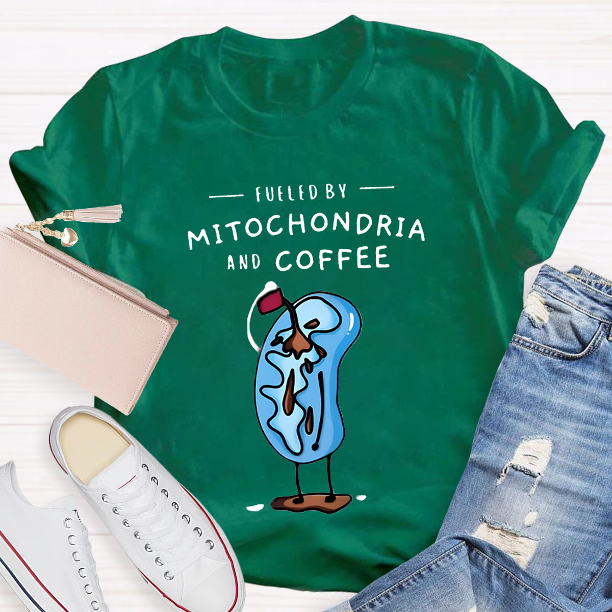 Fueled By Mitochondria And Coffee Funny Science Teacher T-Shirt